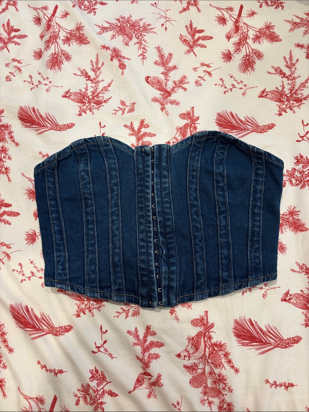 Dark Blue Denim Corset Crop Top - Strapless Boned Detail